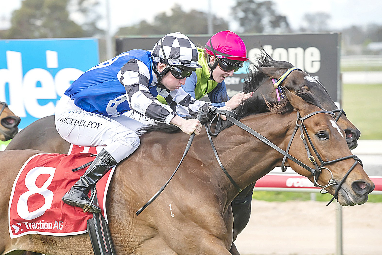 PRIZE: Jockey Michael Poy guides King's Charisma past Wertheimer to claim the Horsham Cup on Sunday. Photo: SAN WILLIAMS.