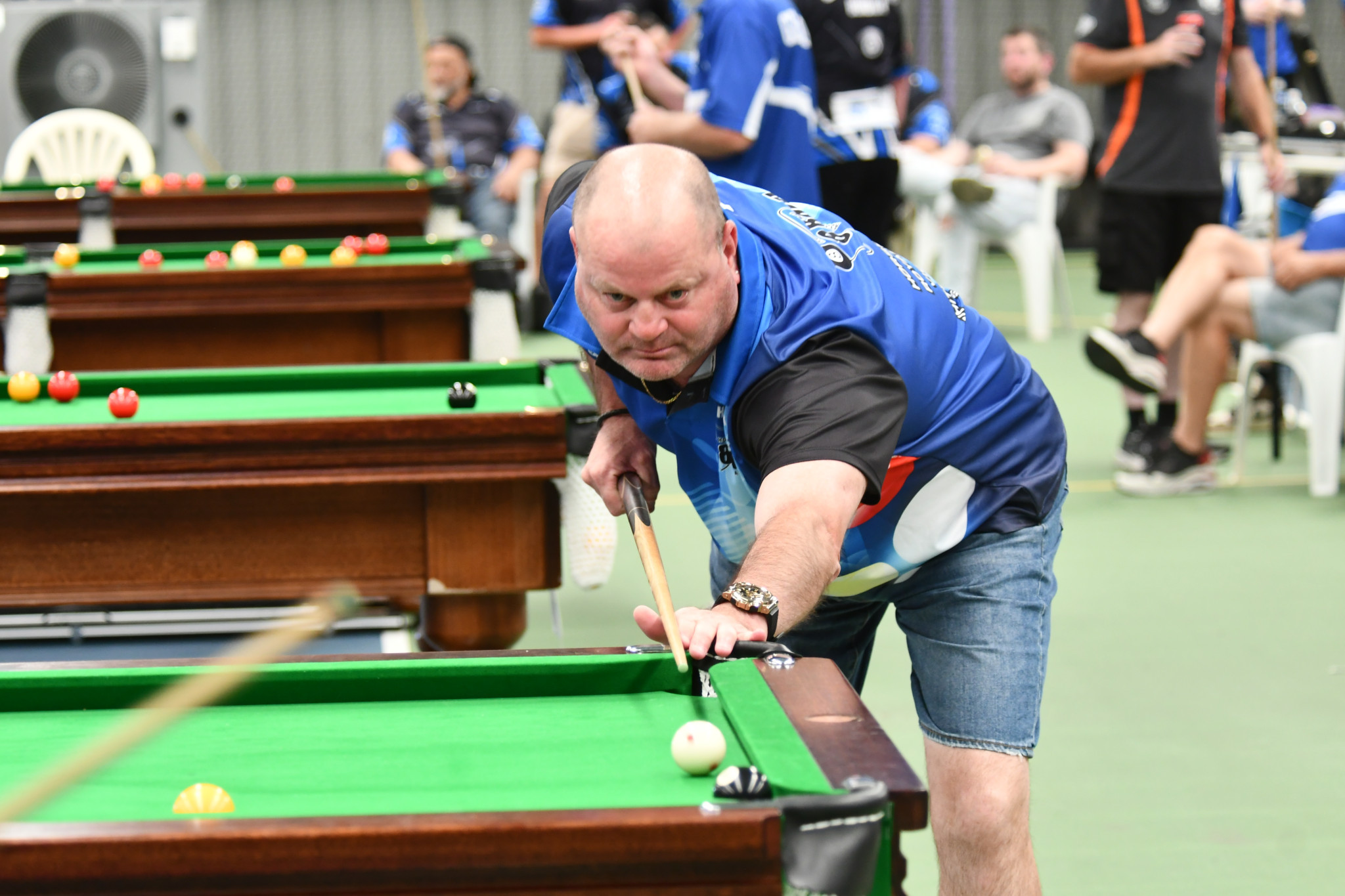Horsham’s Anthony Hill lines up a shot on the black ball. PHOTO: CHRIS GRAETZ