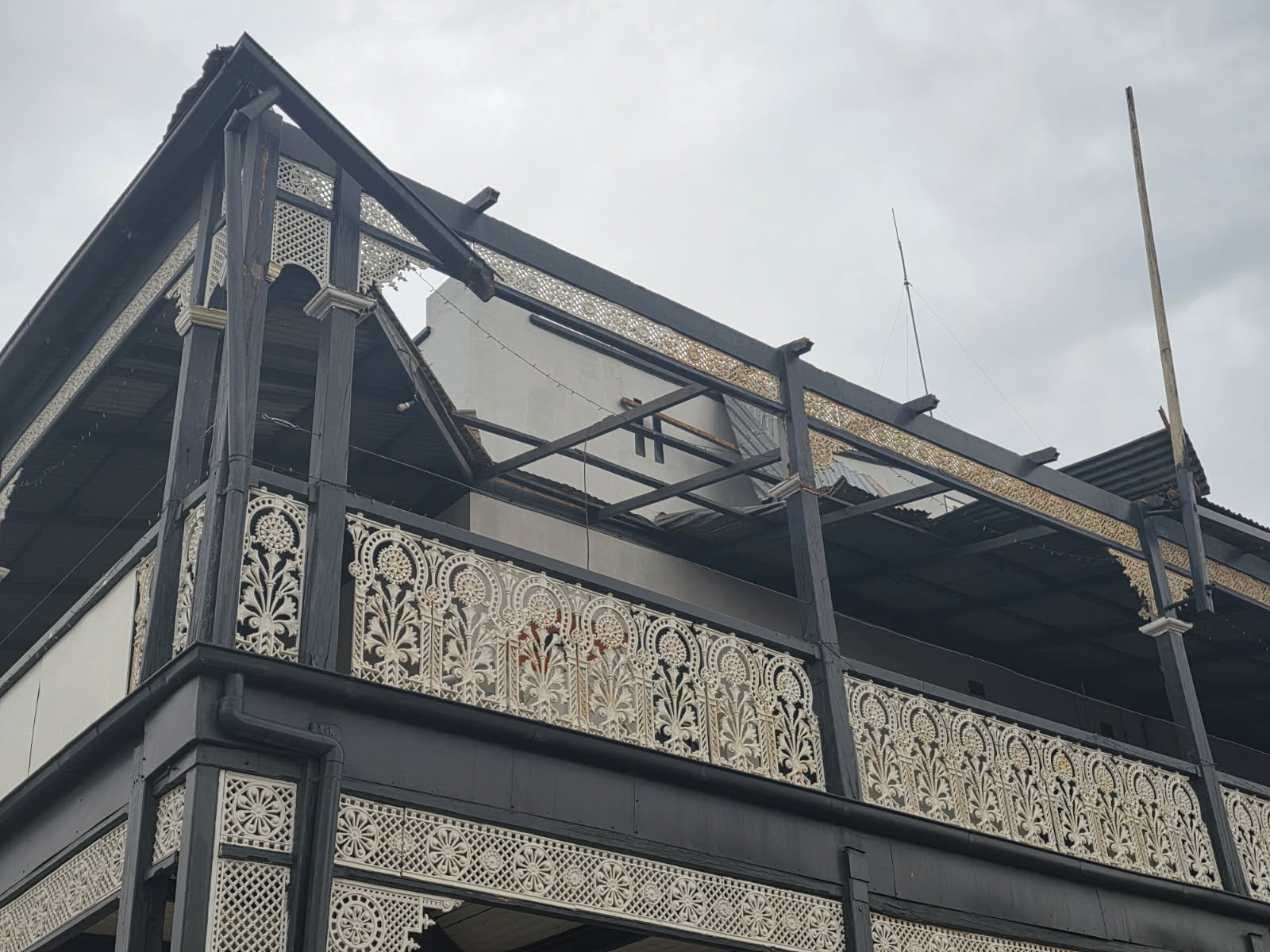 A part of the Eureka Hotel’s roof got damaged after the thunderstorm on early Sunday morning.