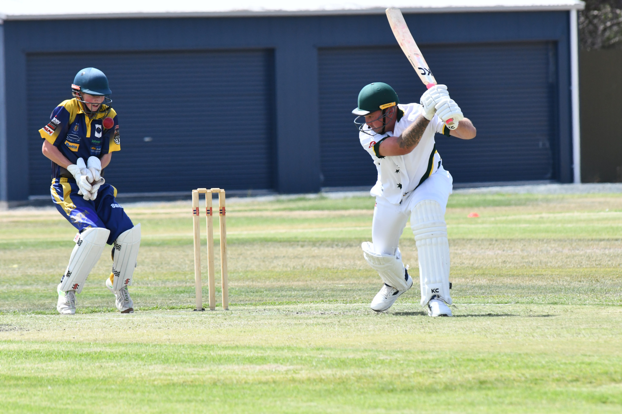 West Wimmera Warriors’ Brodie Cramer plays and misses during his innings of 75 against the Colts. PHOTO: CHRIS GRAETZ