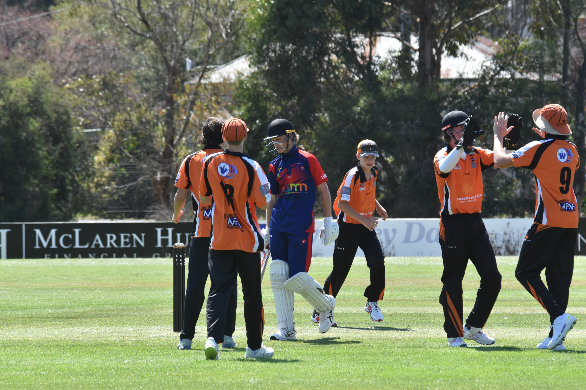 The WMCA cricketers celebrate the wicket of Luke Miller. PHOTO: CHRIS GRAETZ