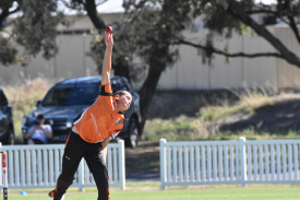 Chad Hartnett’s textbook bowling action. He finished the week with six wickets.