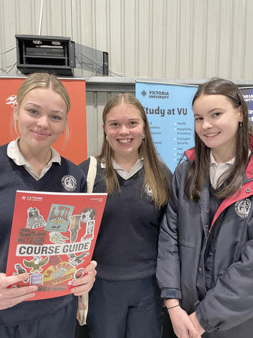 Dimboola Memorial Secondary College Year 9 students Evie Everett, Lyla Barry and Emily Taylor attended the Wimmera Careers Expo in Horsham last week with aspirations to enter the healthcare sector. Photo: CAITLIN MENADUE