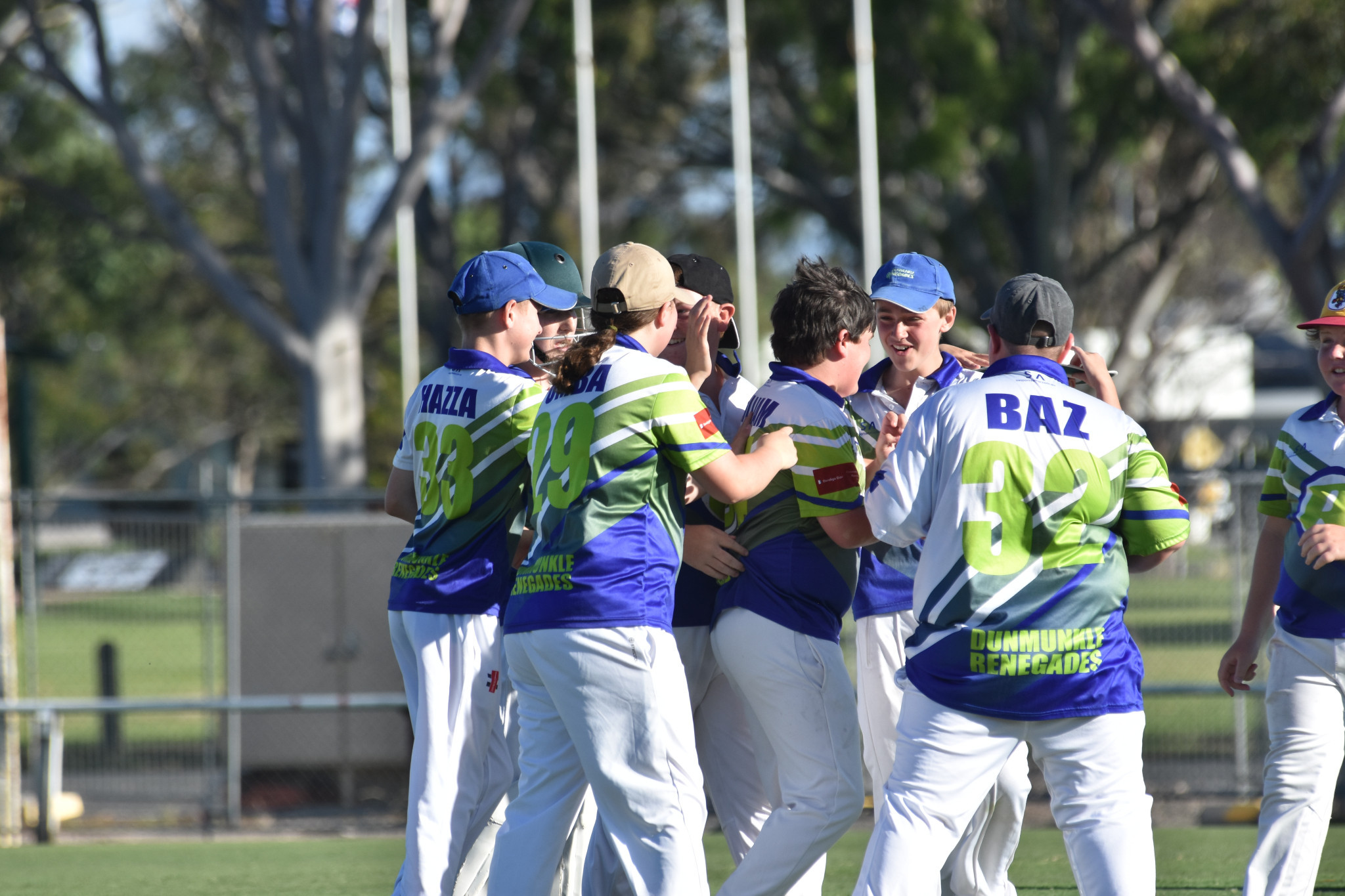 The Panthers celebrate one of William McCurdy’s two wickets. PHOTO: CHRIS GRAETZ