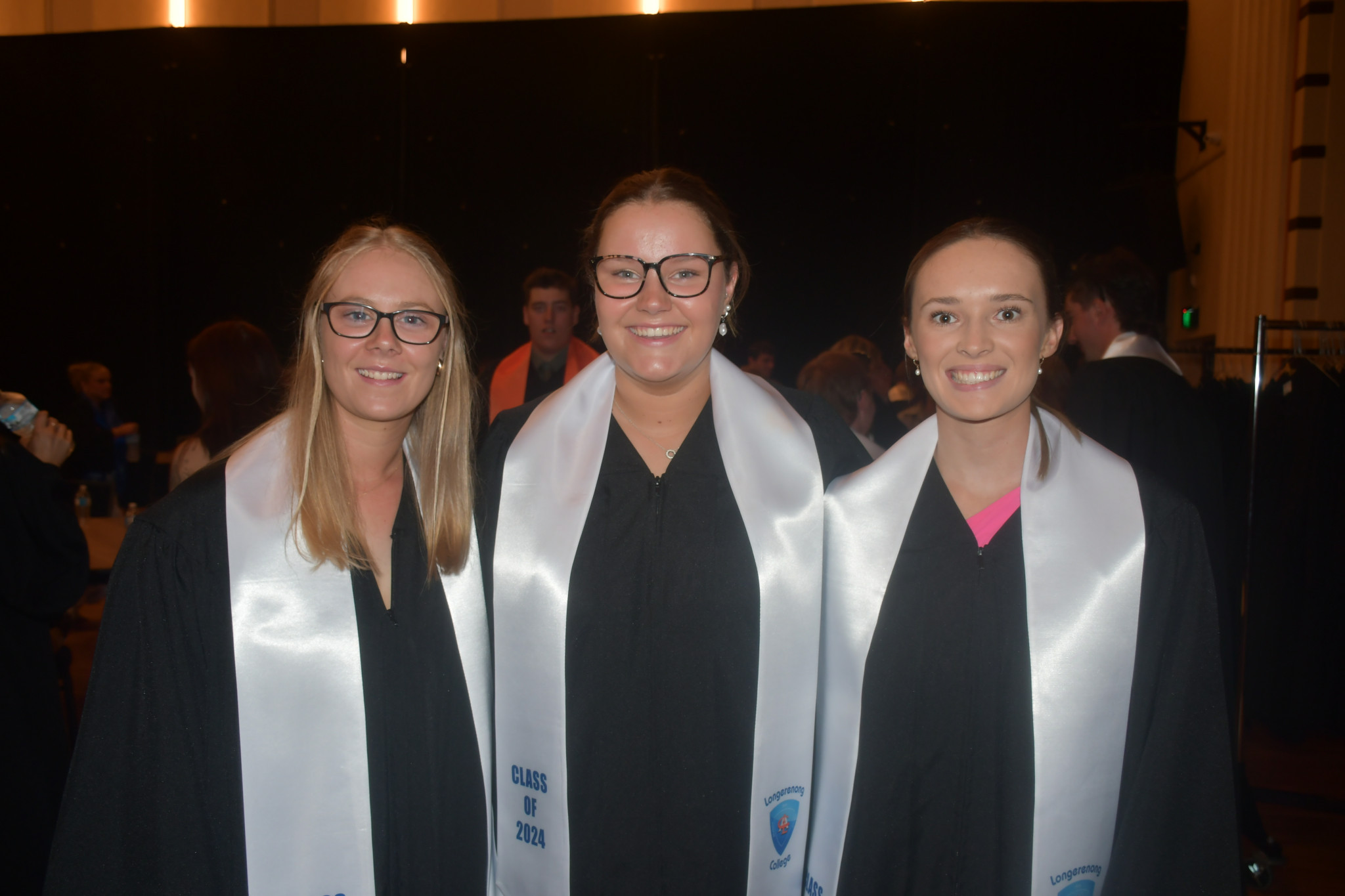 South Australians Phoebe Collins from Willunga, Kelsey Mathew from Mount Compass and Jazmine Whittlesea from Sellicks Beach during the Longerenong Agriculture College graduation ceremony.
