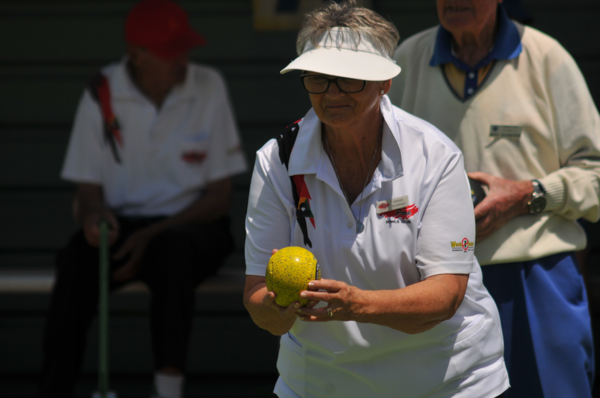 Dyanne McDonald (Coughlin Park 4) lines up her bowl. Her rink lost 12 to 31 to Nhill in division 3.