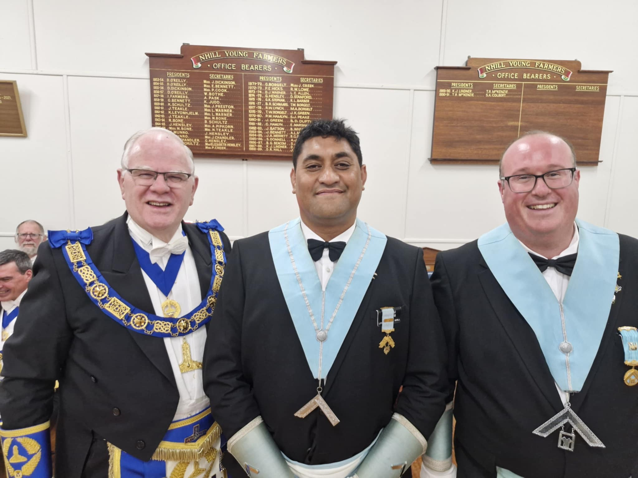 RWBro Bruce Stockdale, Installing Master with WBro Wiremu (Lems) Larkins, Worshipful Master Lowan Lodge 107 and WBro Rhys Webb, Immediate Past Master
