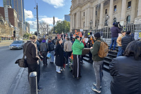 Early morning crowd and media descend on Parliament House steps to rally for land access rights.
