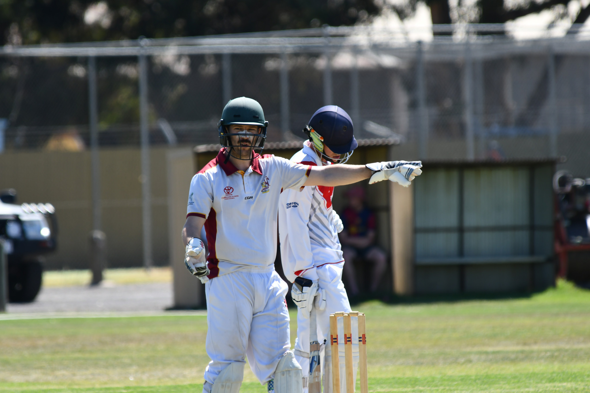 Brim Kellalac Sheep Hills captain Isaac McPherson yells instructions. He also took 3/21 off 10 overs and scored an unbeaten 86. PHOTO: CHRIS GRAETZ