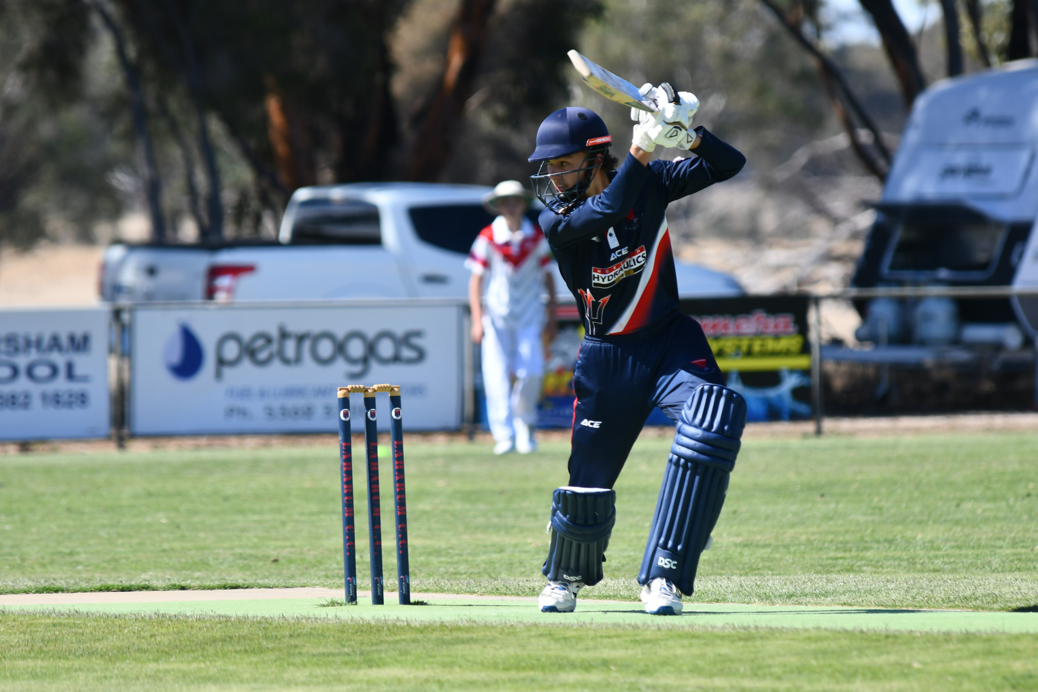 Laharum’s Lewis Hofmaier hit 29 (70) and took 2/35 (7) and ran out Terry Arnel. PHOTO: CHRIS GRAETZ