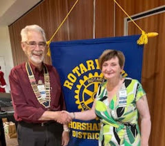 President of Rotary Club Horsham East Terry Harris presented Rotarian Robyn Lardner with the Double Sapphire Award in December for outstanding service. Picture supplied.