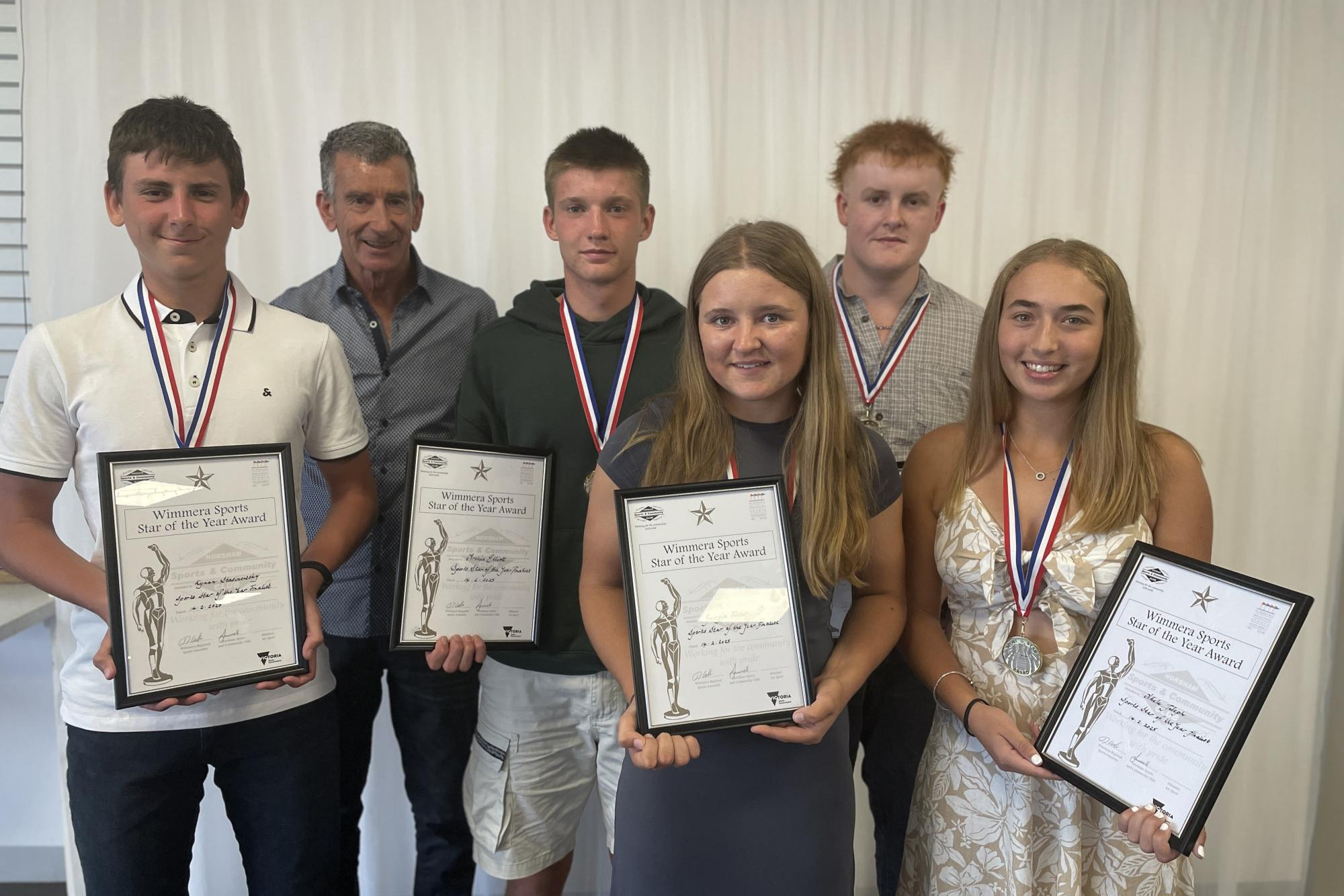 The 2024 sports star of the year finalists L-R) Kynan Stasinowsky, Peter Smith, Archie Elliott, Georgia Foster, Logan Young and Adele Joseph. Picture by Lucas Holmes