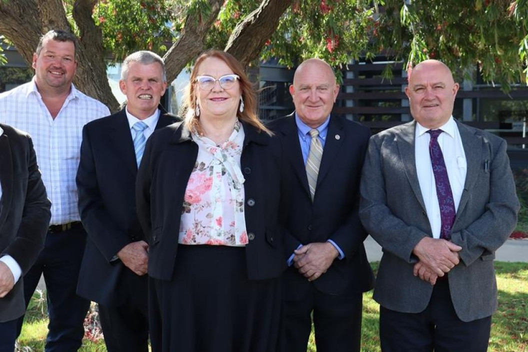 Hindmarsh Shire Councilors Chan Uoy, James Barry, Tony Clark, Rosie Barker, Roger Aitken and mayor Ron Ismay gather for the 2024 statutory meeting. Picture supplied