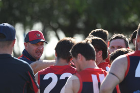 Demons coach Wayne Mitrovic adresses his players. Picture by Blake Lee