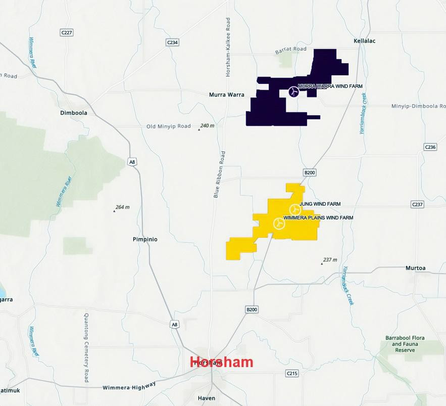 Where the wind farms are clustered to the north of Horsham. Map from Victorian government.