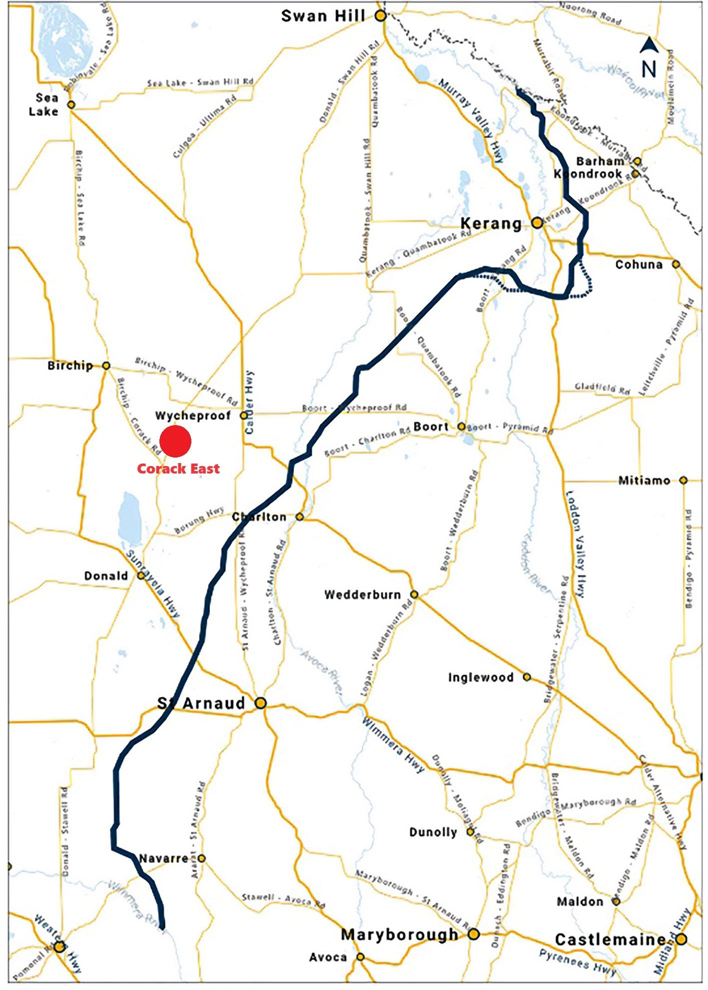 The black line marks the planned route of VNI West with Corack East highlighted in red. A straight line distance of just over 23km from the planned VNI West route. Original map from Transmission Company Victoria.