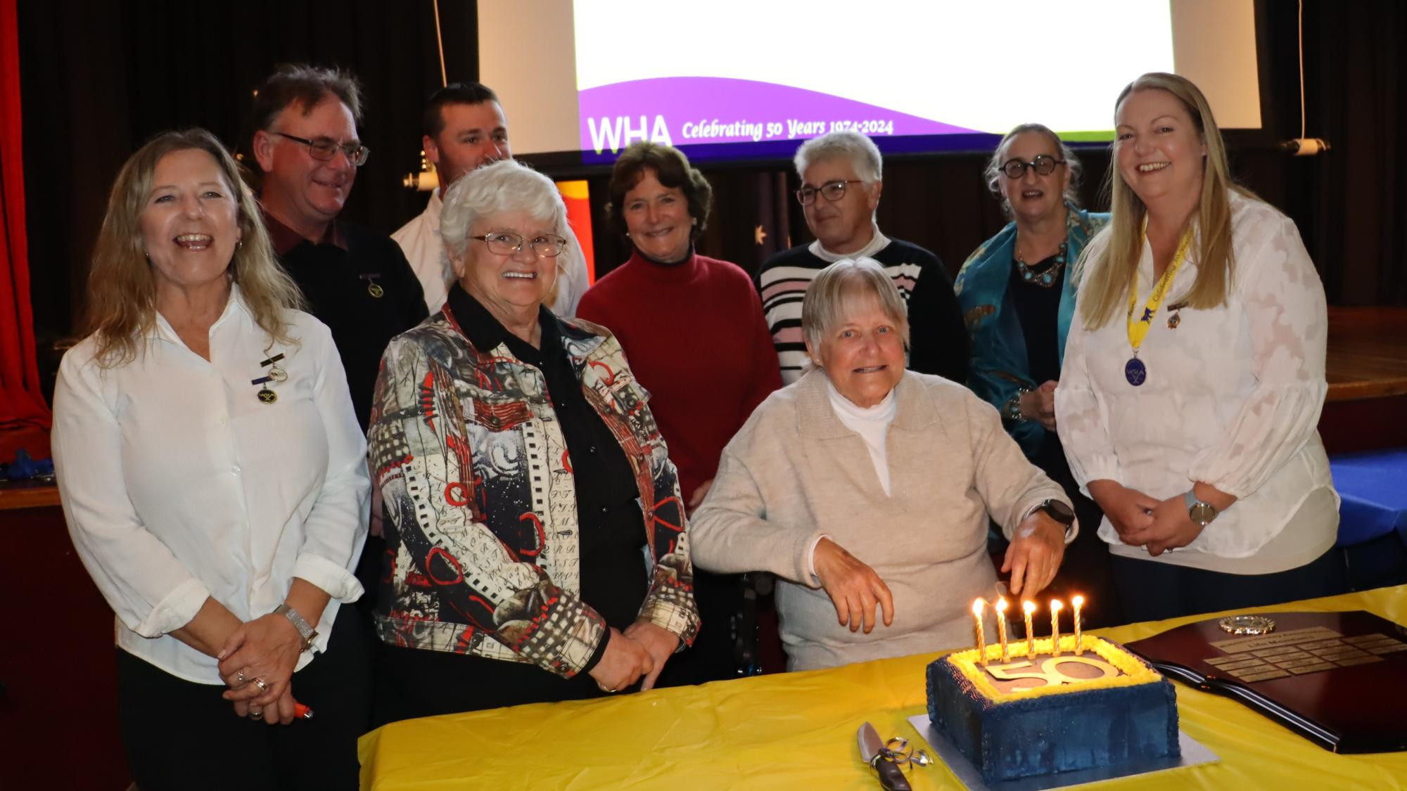 Wimmera Hockey Association life members cut a cake to mark the league’s 50th anniversary. Picture by Rachel Clark