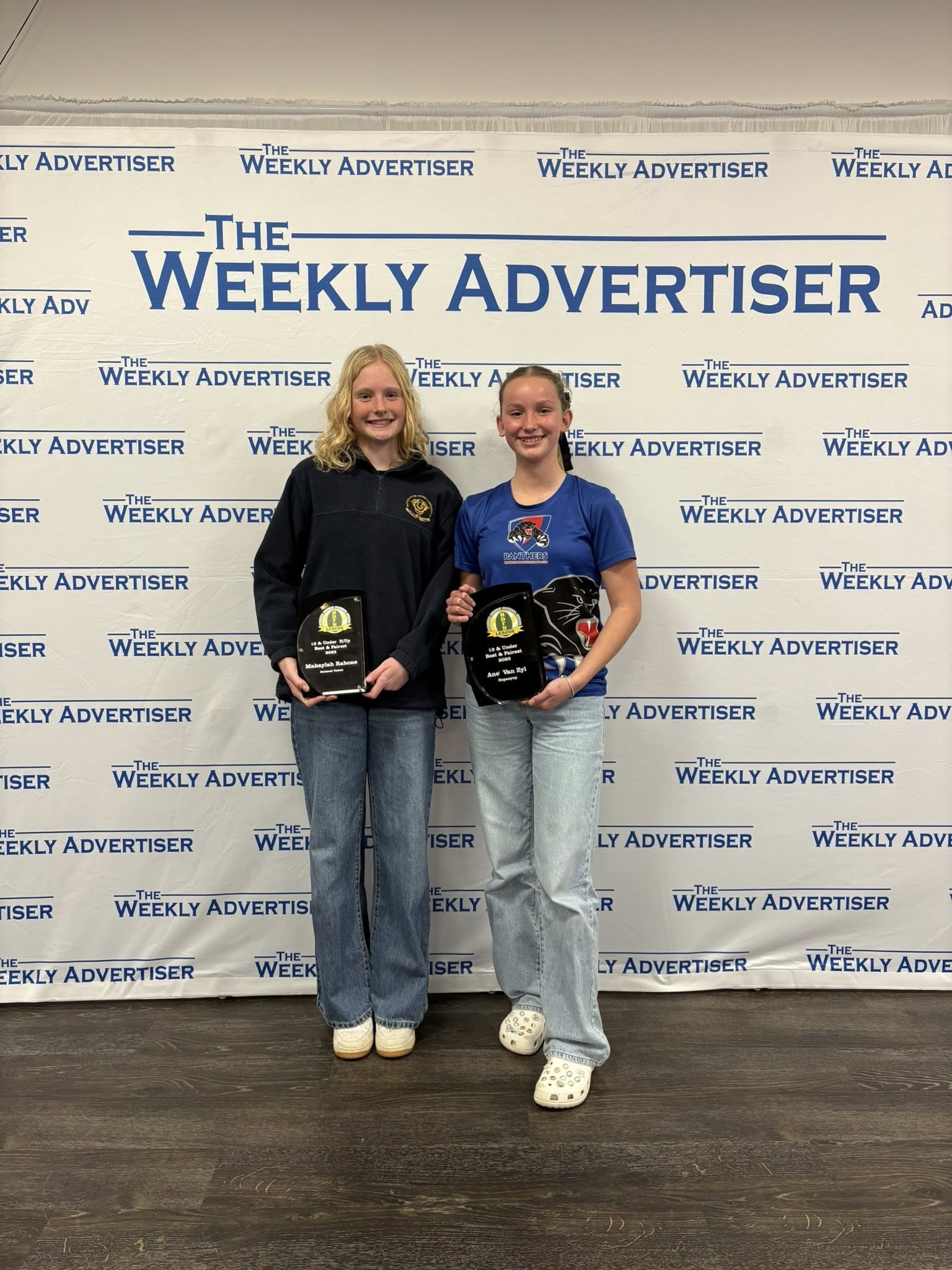 HDFNL under 13s netball best and fairest runner-up Makaylah Rabone (Natimuk United) and winner Ane Van Zyl (Rupanyup).