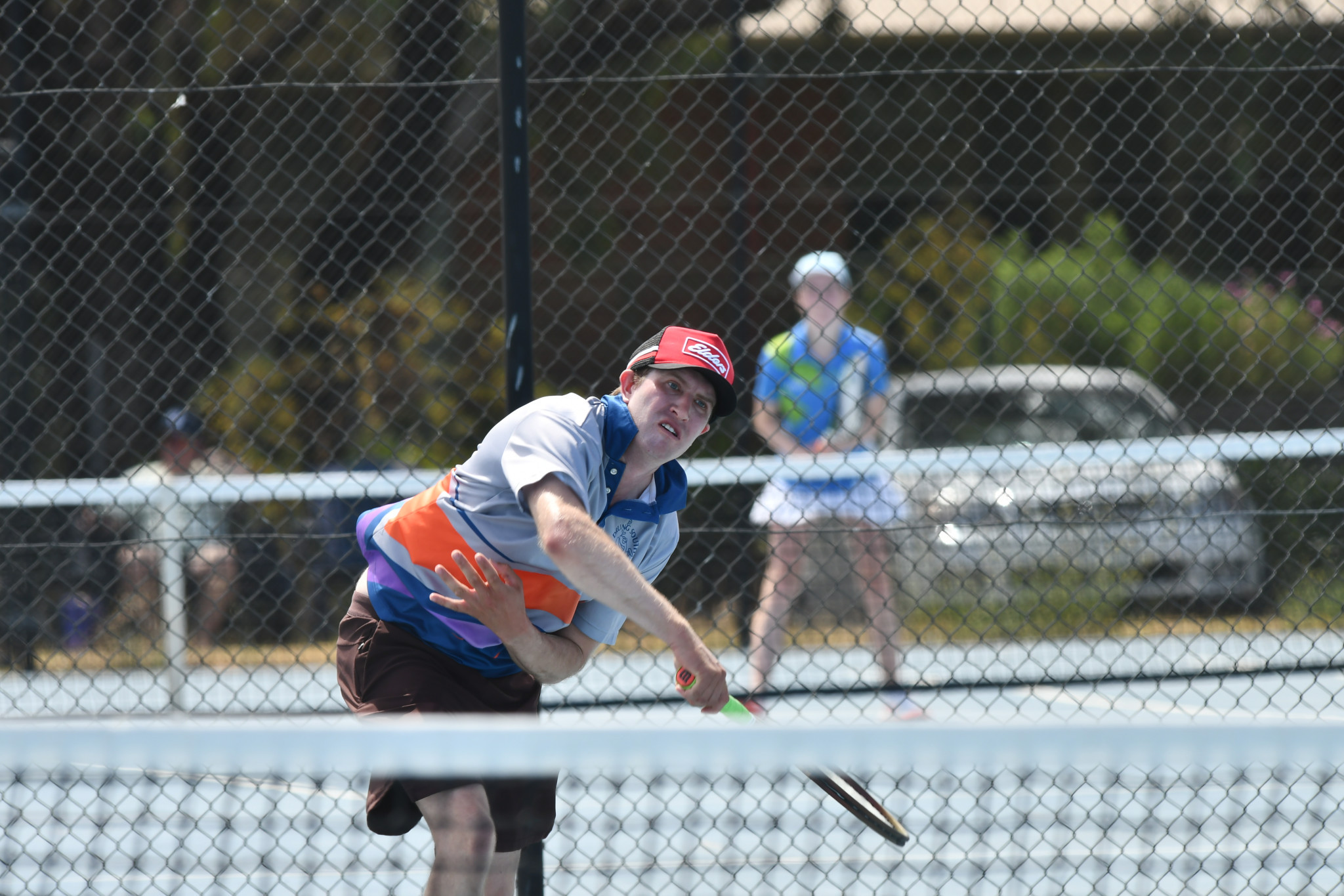 Drung South’s Mathew Hill serves. PHOTO: CHRIS GRAETZ