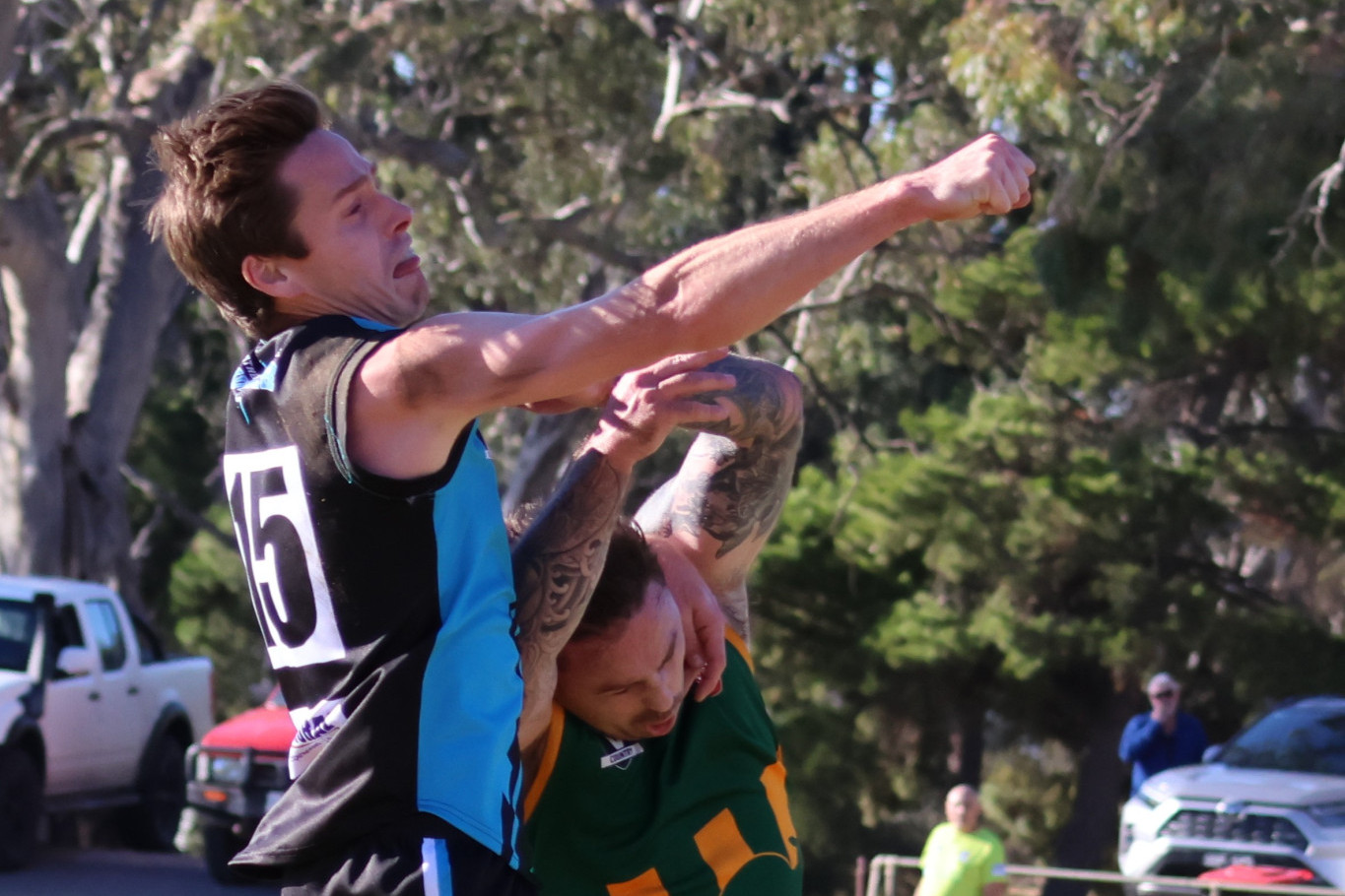 Southern Mallee Thunder's Angus McSweyn spoils his Dimboola opponent.