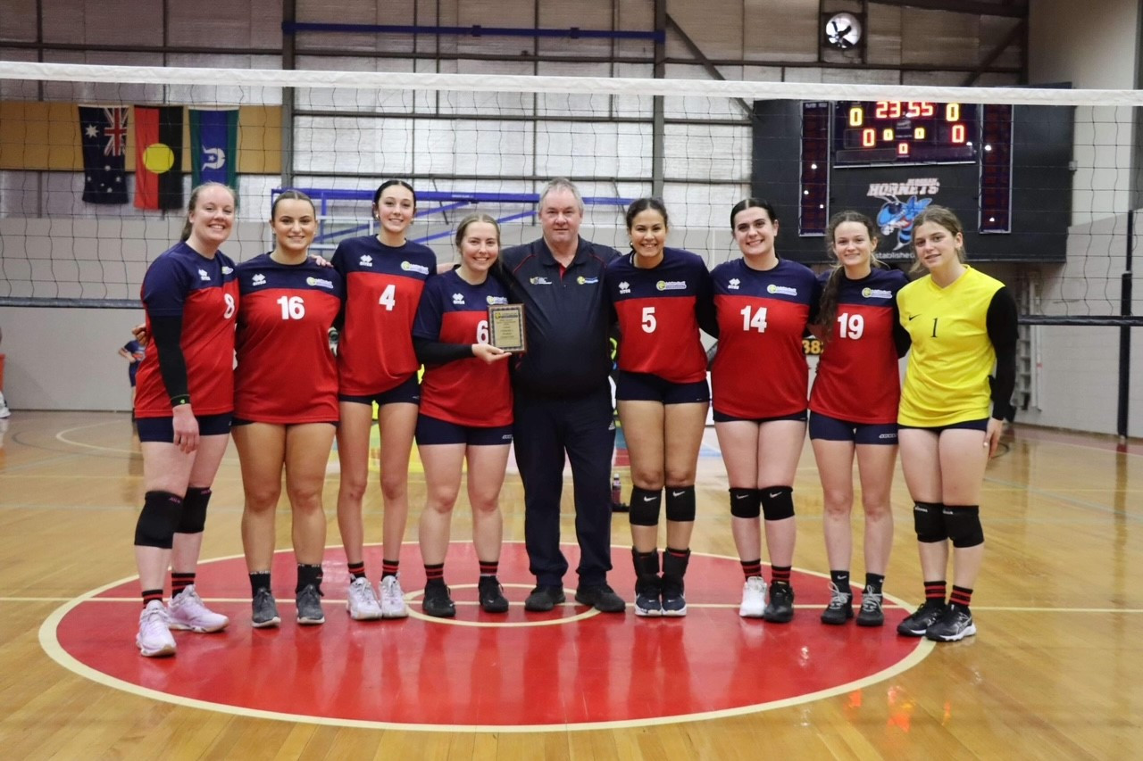 Volleyball Horsham’s premier women’s team L-R: Molly Carter, Cleo Baker, Paige Hemley, Kara Johnson, David Berry (coach), Tamikah Dockrill, Laelah Robertson, Emily Hannan, Sophie Quick.