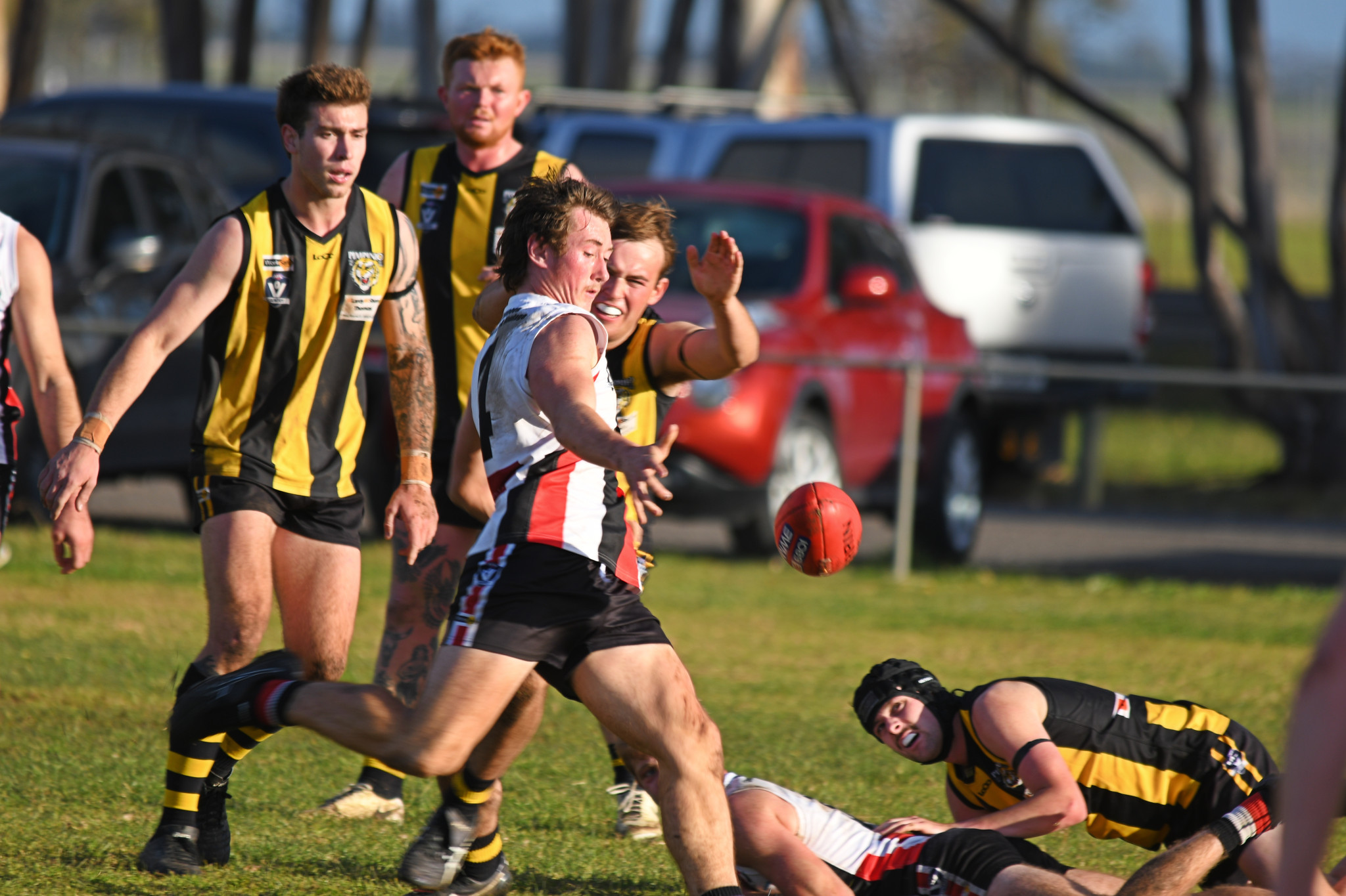 Edenhope Apsley's Adam Hood readies to get the kick away against Pimpinio.