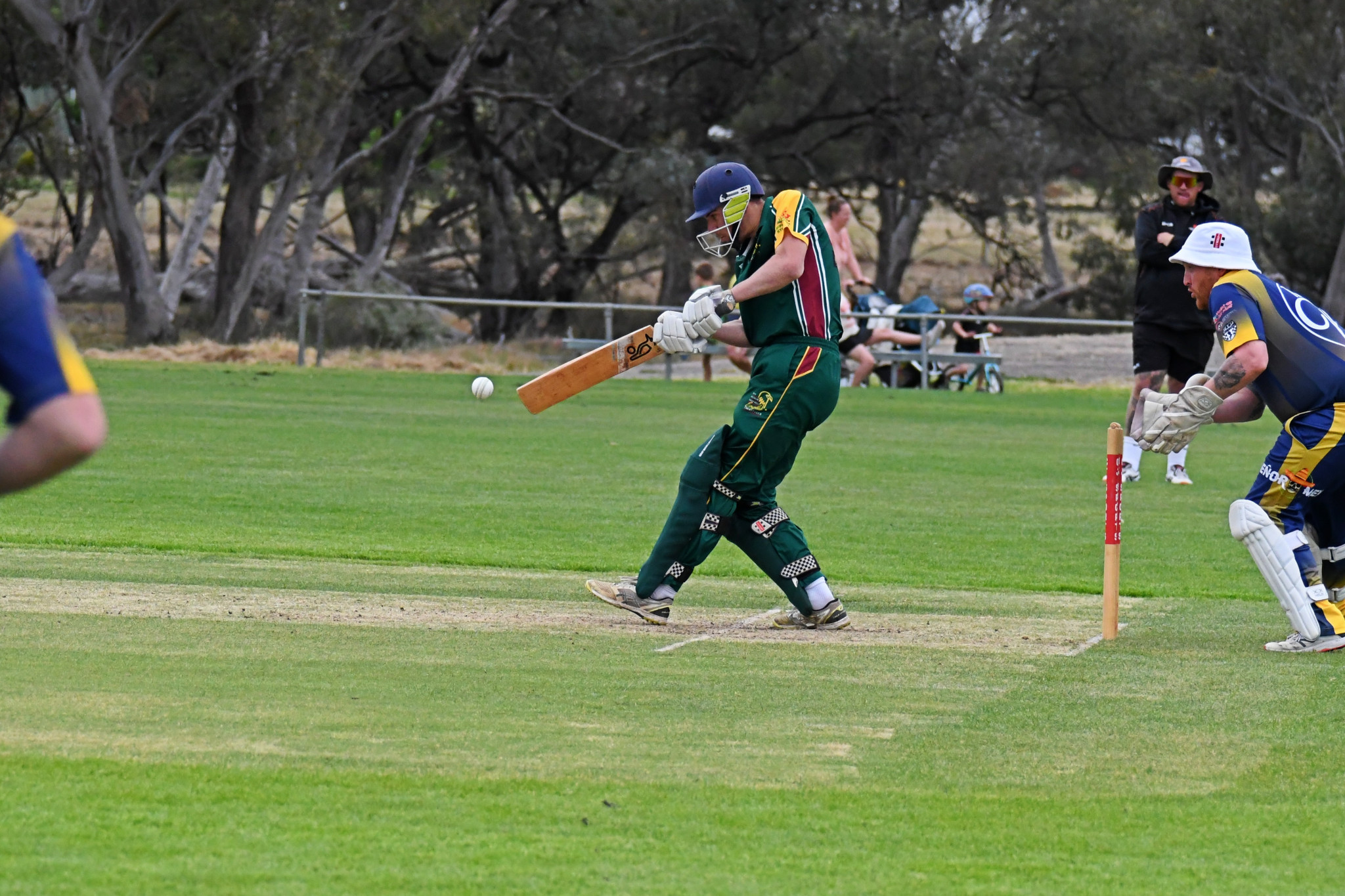 Brim Kellalac Sheep Hills' Sandon Schultz looks to get a leg-side shot away in Saturday's A grade clash with the Colts.