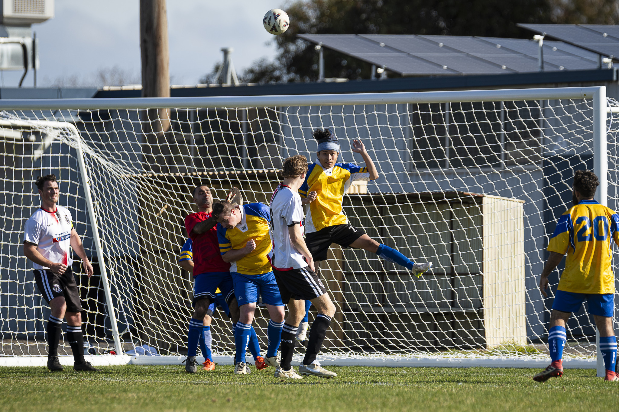 Pway Nay Kaw Wah contesting for a header to defend in front of goal. PHOTO: DARREN ISAAC