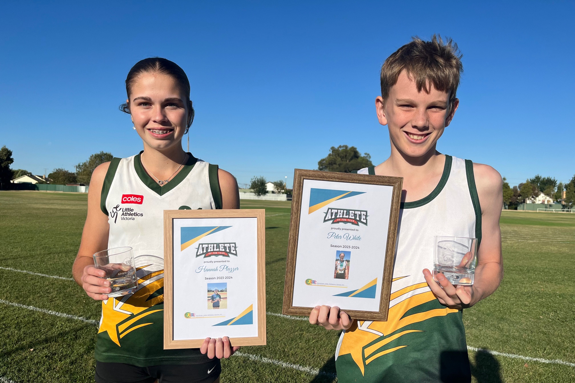 Left: Hannah Plazzer U15 Athlete of the Year. Right: Luke White accepting the award for his brother Peter White who was named U17 Athlete of the Year.