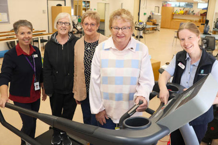 Cardio rehab nurse Jo Carroll, auxiliary secretary Pat Uytdehaag, treasurer Elaine Morrison and president Denise Queale are shown the previous treadmill by physiotherapist Zara Humphreys.