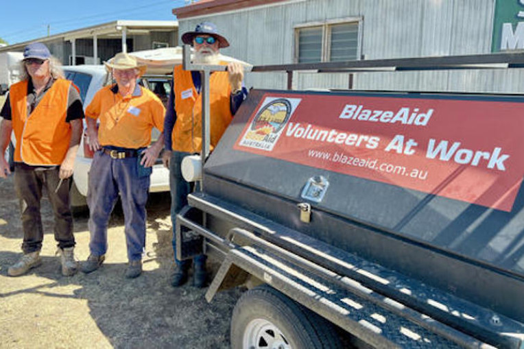 The volunteers Mark Mckindley (Melbourne), Rye Veal (Gippsland), and Prdro Stotten (York, WA) returned to the camp in Nhill after recovering fences in one of the Dimboola farms recently. Photo: TAYYAAB MASROOR