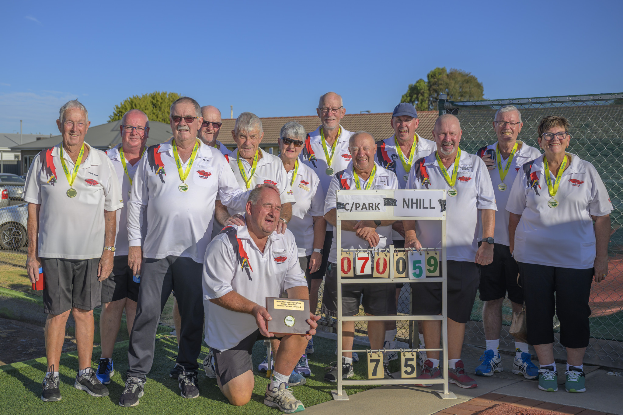 Coughlin Park Division Two Premiers. L-R: Graeme Bryan, Damien Bryan, Archie Besselaar, Denis Wade, Aldo Leyonhjelm, Shirley Schorback, Zak Stephen, Vince Antonucci, Paul O’Shannessy, Graham Scovie, Rob Muwburn, Wendy Sleep. Front: Wally Dumensy. PHOTO: ROBIN WEBB