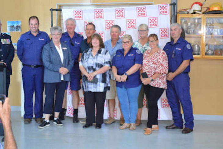 Back: Shaun Thompson (30 years), Alan Smith (55), Ross Williams (48), Graham Turnbull (48), Leanne Shanks (29) and Ian Marshman (41); and front: CFA board member Beth Davidson, Chris Smith (41) Narelle Gibson (31) and Donna Marshman (25).