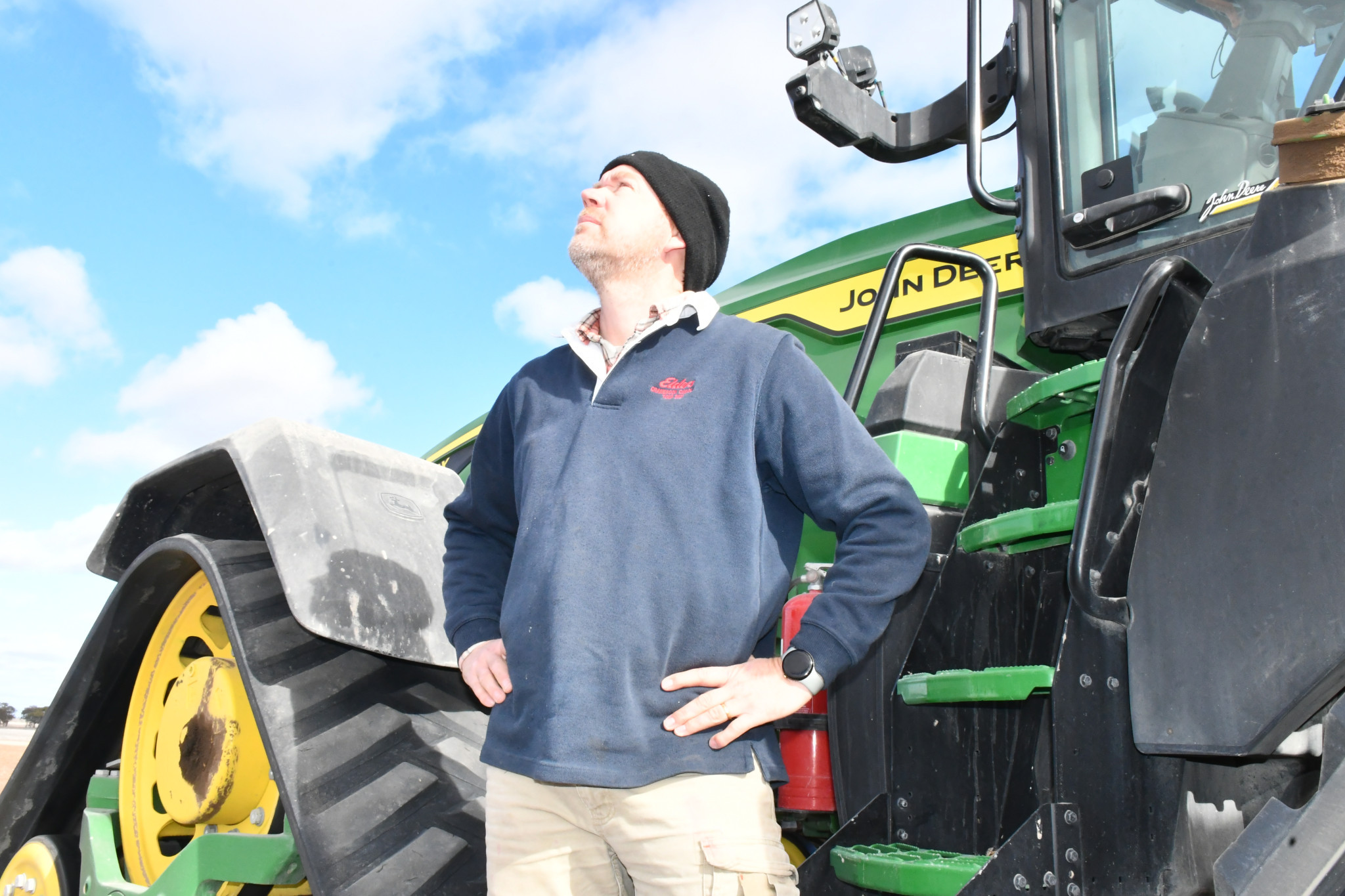 Local farmer Tim Rethus looks to the sky with hope that this weekend's rain will mark the turning point for Wimmera's dry season. Photo: TAYYAAB MASROOR