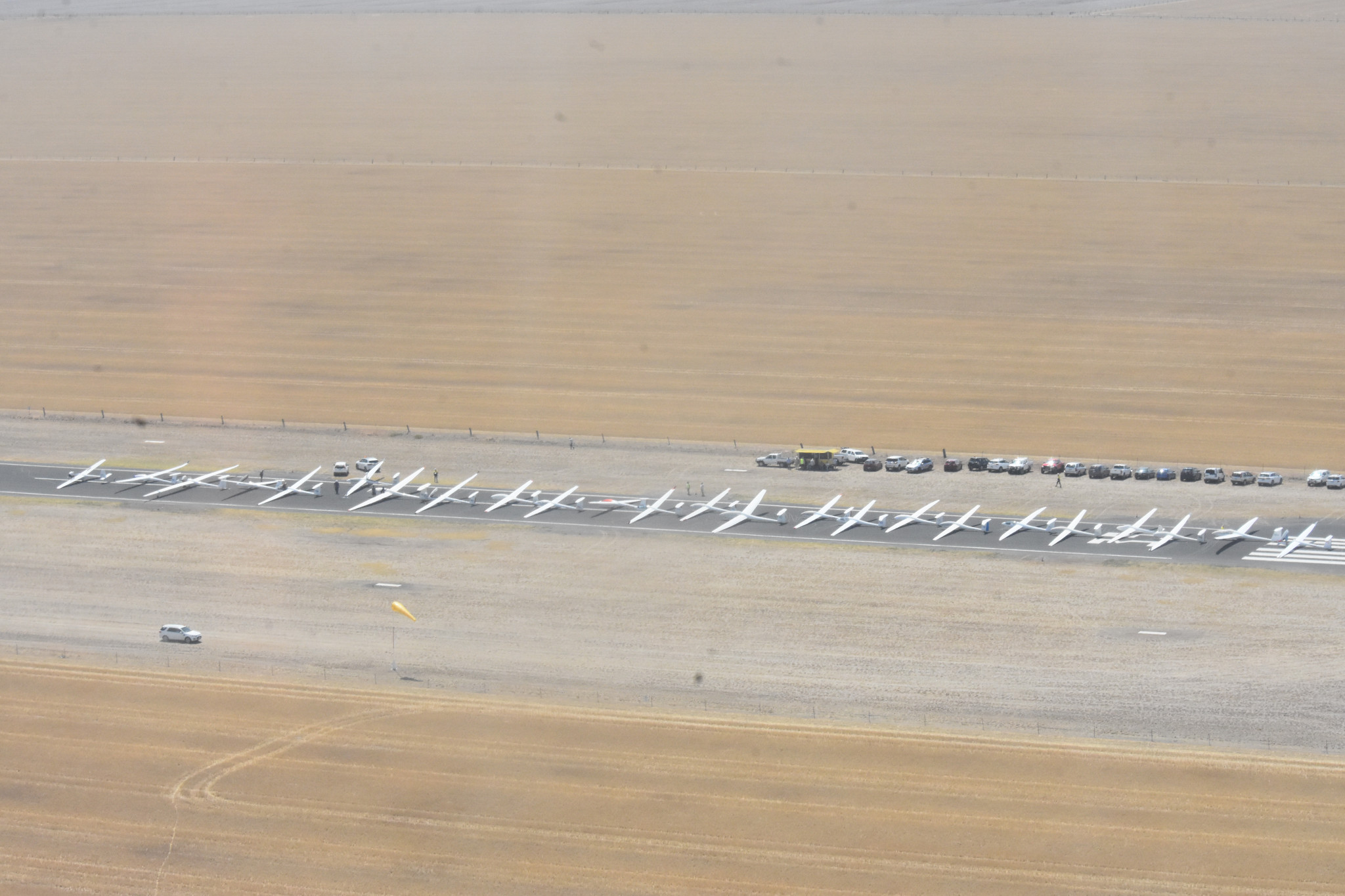 An aerial view of the Gliders lined up on the runway. PHOTO: CHRIS GRAETZ