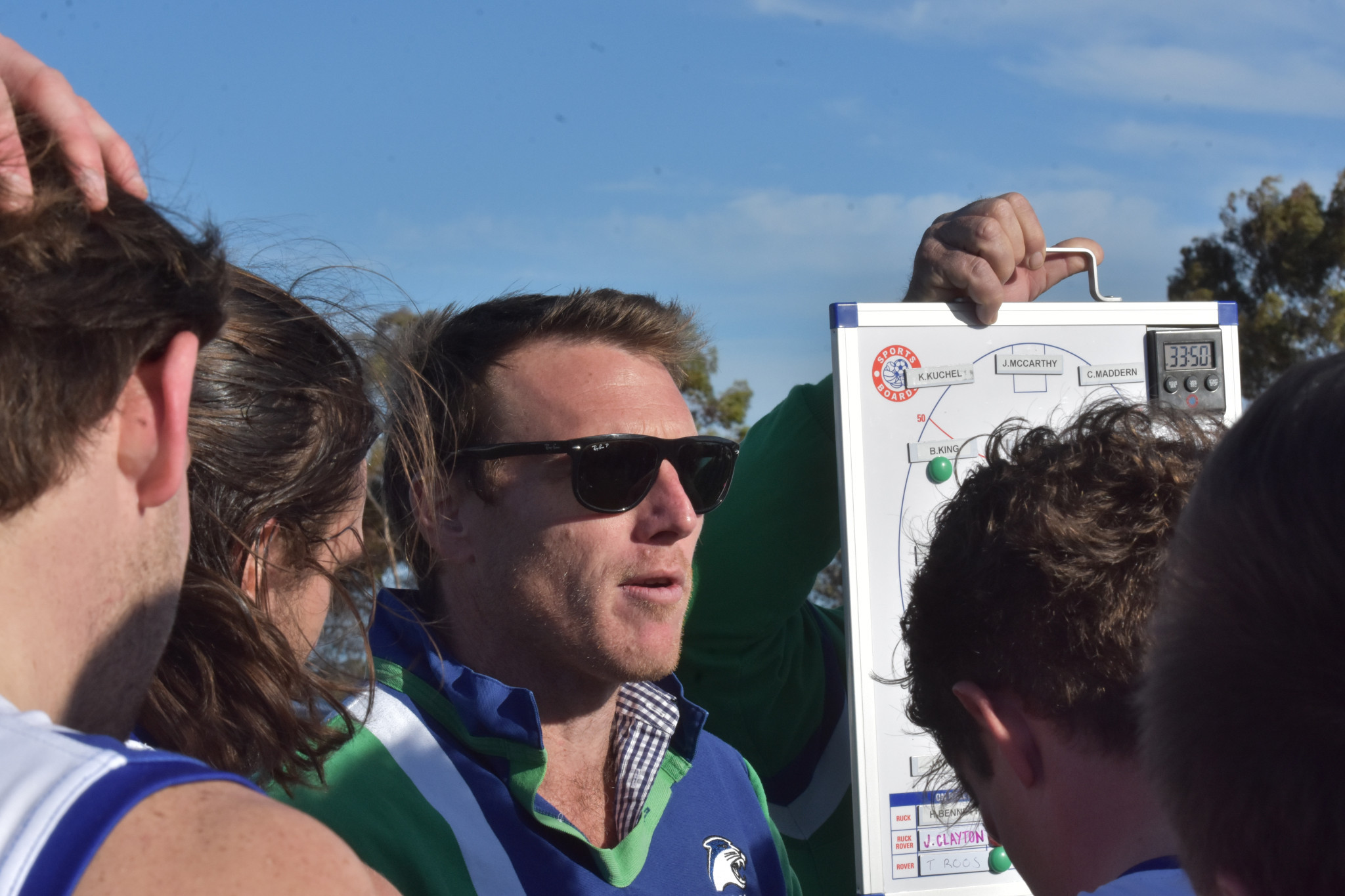 Kaniva Leeor United coach Jonno Hicks instructs his team during their round 12 game against Natimuk United.