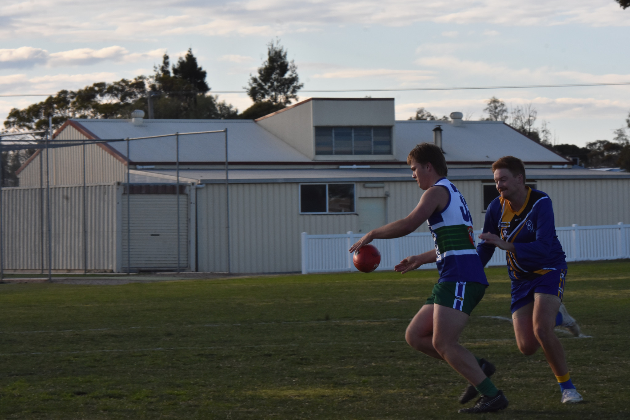 Kaniva Leeor's Riley Vivian gets ready to kick.