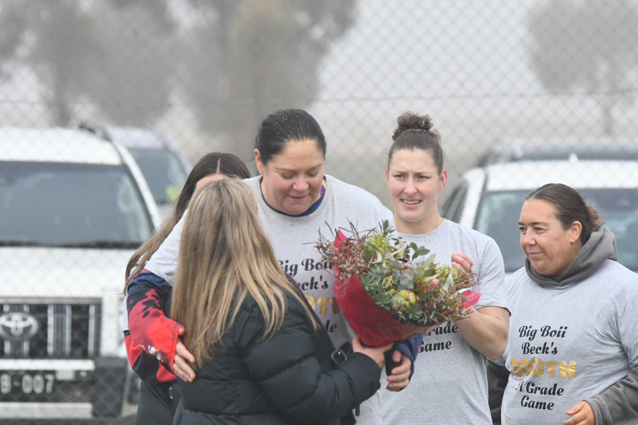 Laharum's Rebecca McIntyre celebrates her 300th A grade netball game before her side's win over Kalkee.