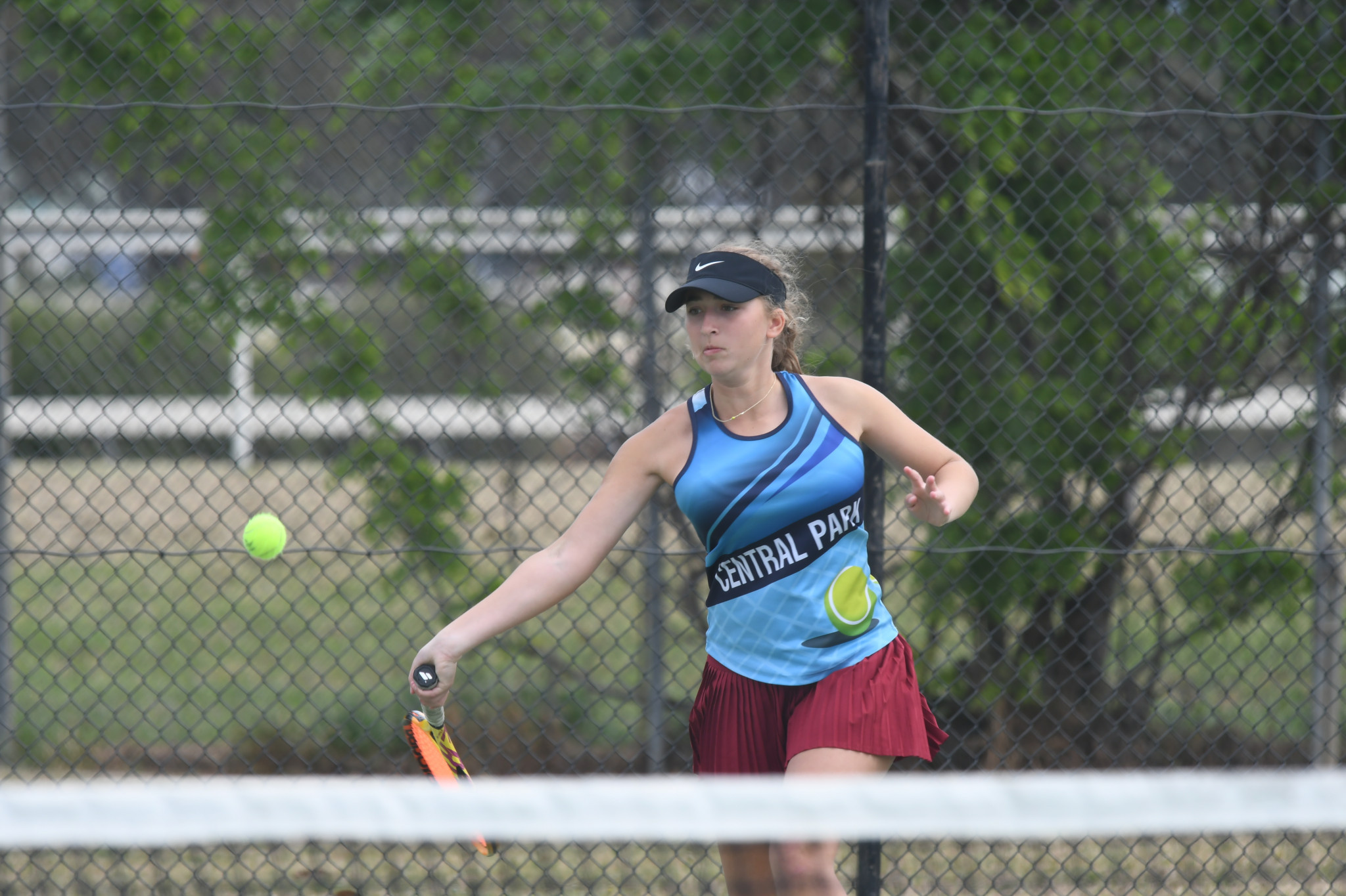 Adele Joseph prepares a forehand in one of Central Park's pennant side's doubles rubbers against St Michaels. Central Park defeated St Michaels 7-5.