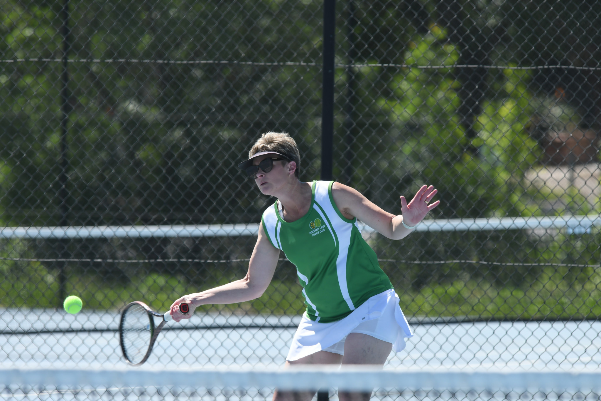 Horsham Lawn's Maree Thompson readies a forehand against St Michaels in the Central Wimmera Tennis Association round five pennant competition.