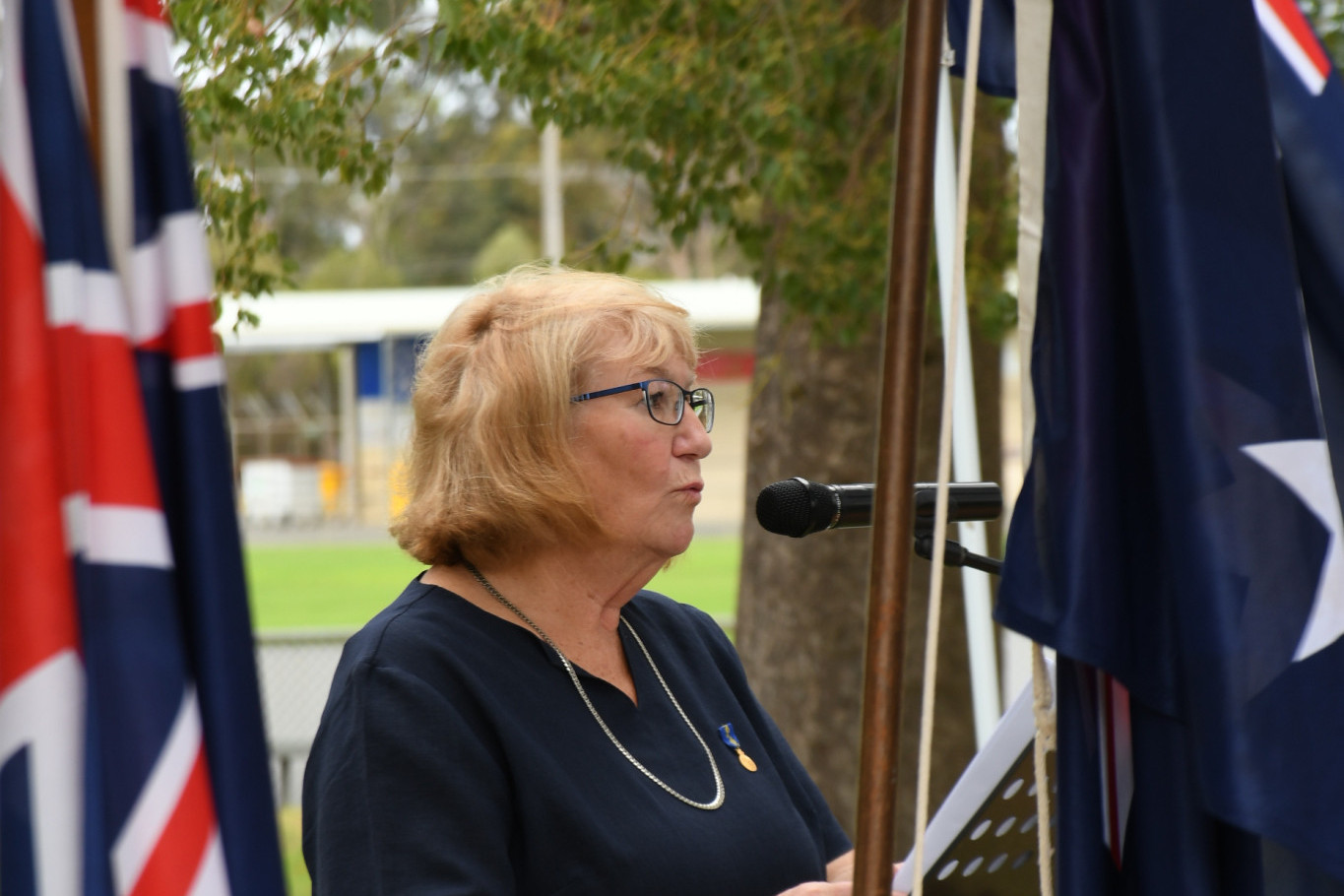 Pam Cupper speaking at Warracknabeal during the Anzac Day commemorative service. Photo: DAVID WARD