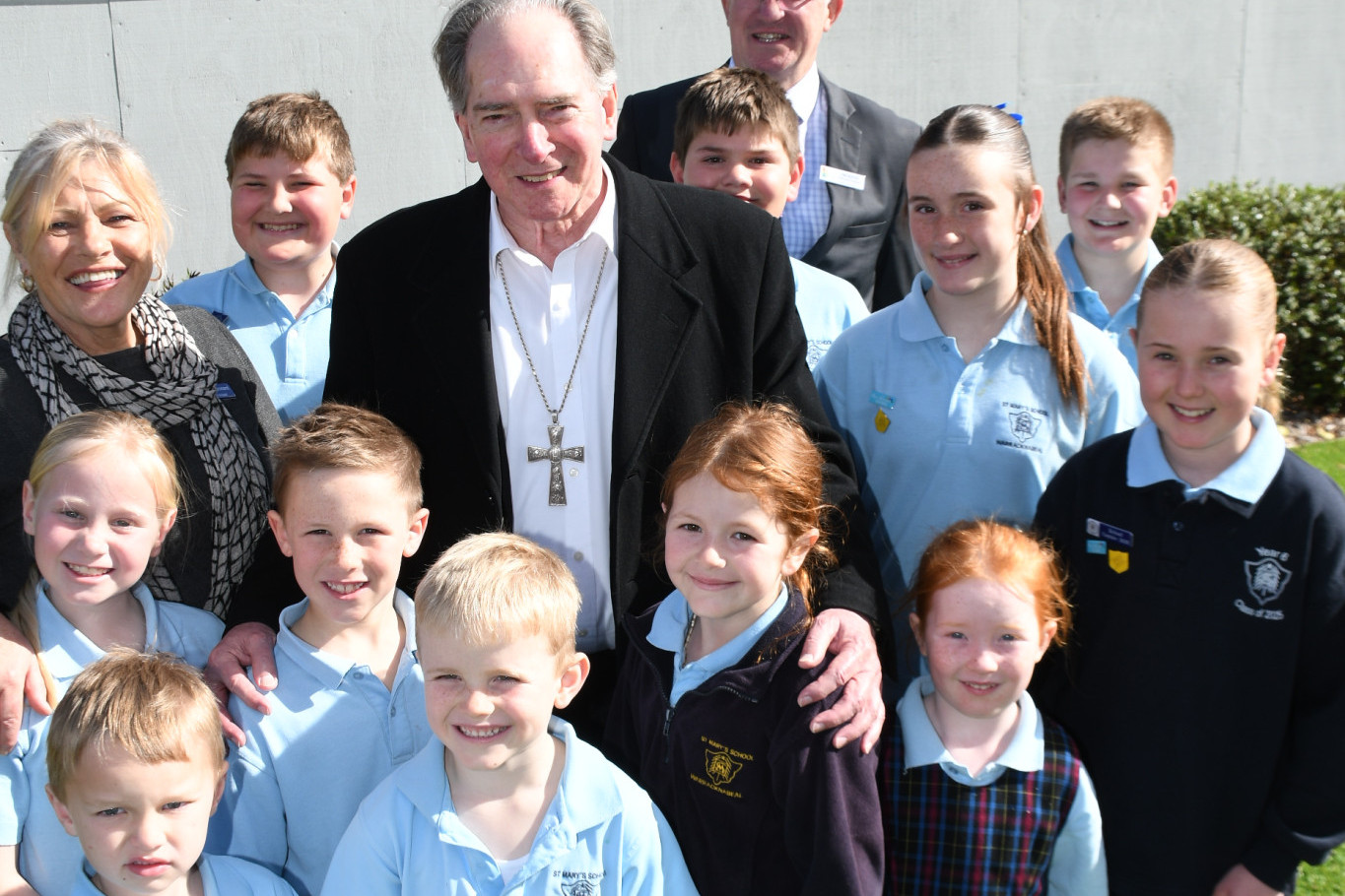 Bishop Paul Bird (middle), accompanied by Catholic Education Ballarat Executive Director Tom Sexton (back), visited St Mary's Primary School in Warracknabeal on Tuesday, August 5, as part of a tour of Catholic schools in the region.