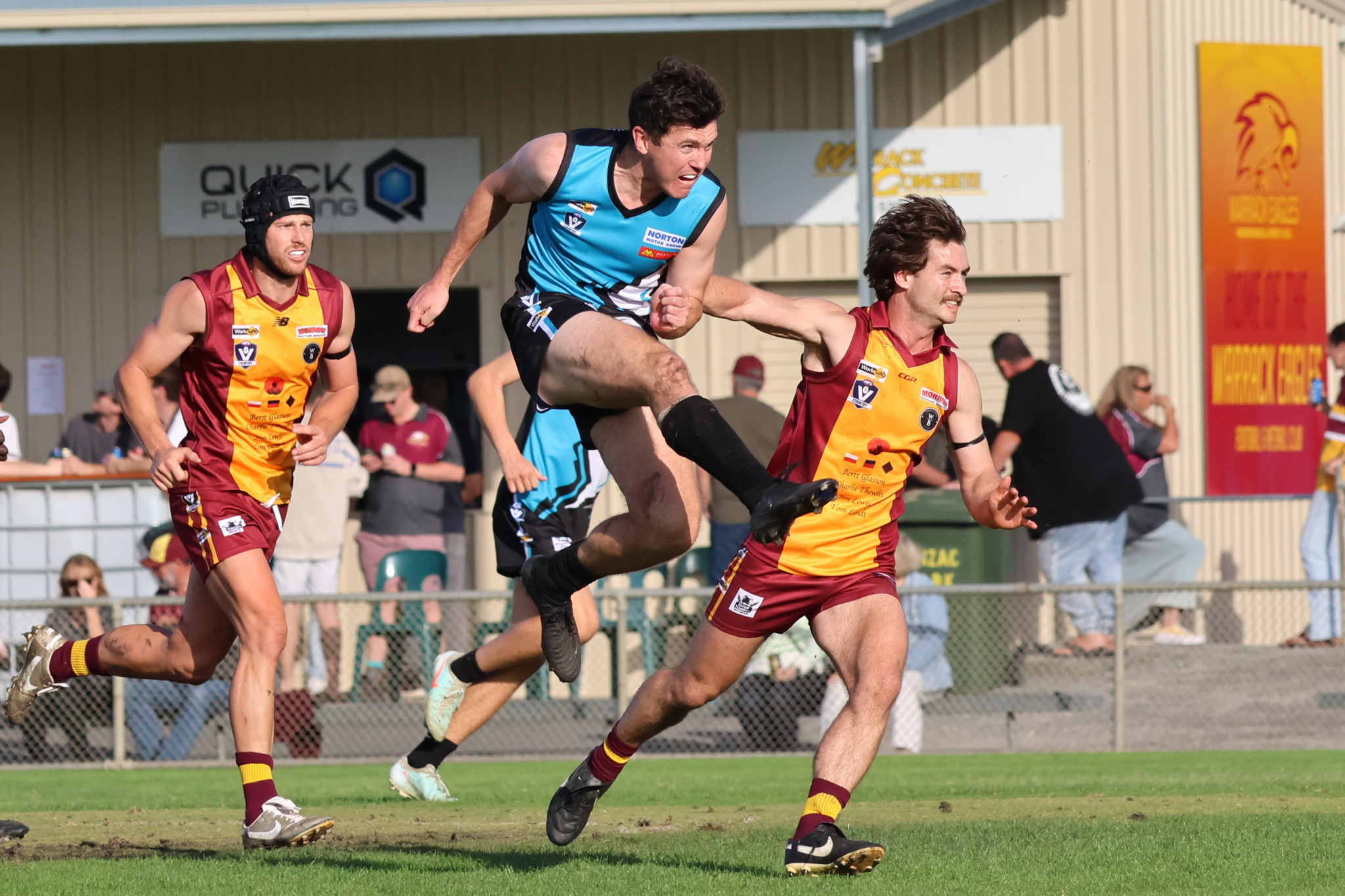 Keiran Delahunty from Southern Mallee Thunder kicks the ball forward en route to being voted best on ground during the match against Warrack Eagles on Saturday.