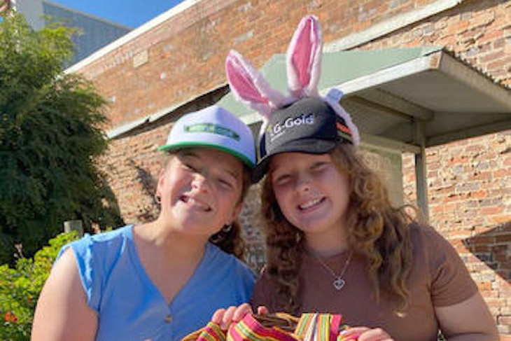 Lilly and Zoe Nuske from Warracknabeal with the Easter egg basket at last year's Easter Festival. Photo: WENDY HEWITT