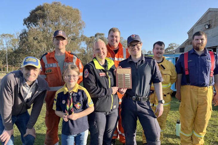 Participants from the show's inaugural 'EMSV Plaque' Emergency Services Volunteers Plaque: 4th Horsham Scouts representatives Lachie Walker and Cub Scout Lexi Khan 9yrs, Ambulance Victoria winners Emilie Woodhead and Morgan Young, SES volunteers Stephen Roberts and Harry Denovan with CFA team members Curtis Vanstan and Darcey Kilpatrick. Photo: EMILY FRIEDRICHSEN