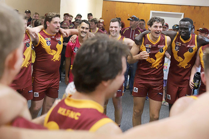 The Eagles sing their club song to mark their first win this year.