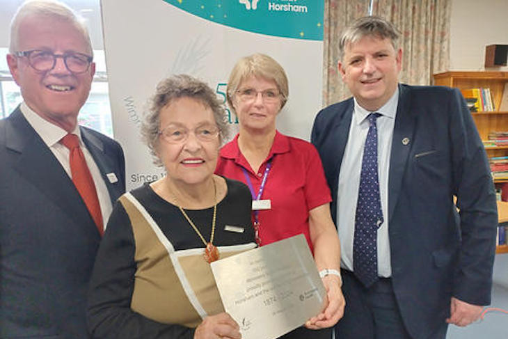 Grampians Health chair Bill Brown of Warrnambool with longest serving volunteer Una Faux, District Nursing teams coordinator Jill Roberts and Grampians Health CEO Dale Fraser. Photo: FAYE SMITH