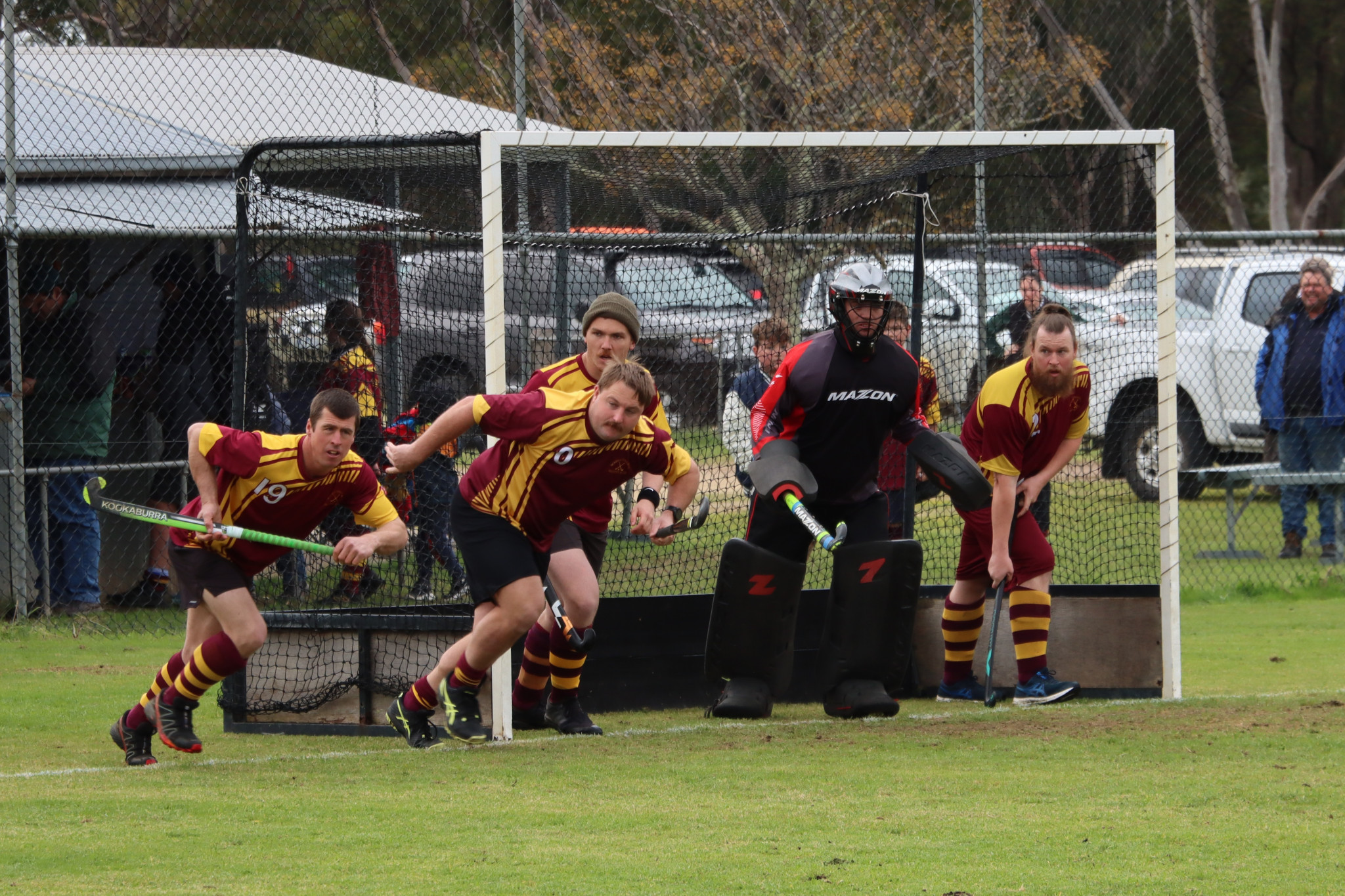 The Warrack Hoops run out to defend a penalty corner. (from left) Tim Jorgensen, Caleb Baldock, Hamish Wagenknecht, goalkeeper Royce Bennett, and Aiden Ciemcioch. PHOTO: SIMON KING