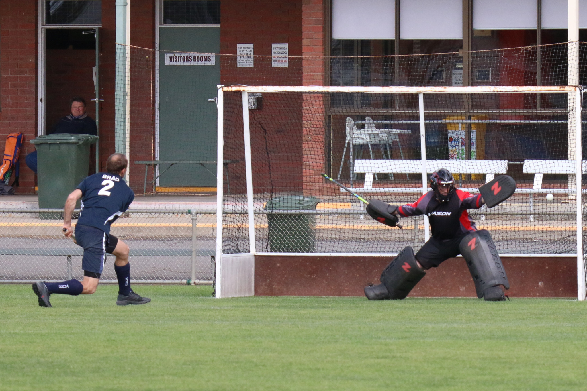 Brad Alexander (2) opened the scoring for the Yanac Tigers when he got a penalty stoke past Warrack Hoops’ goalkeeper Russell Brown. PHOTO: SIMON KING