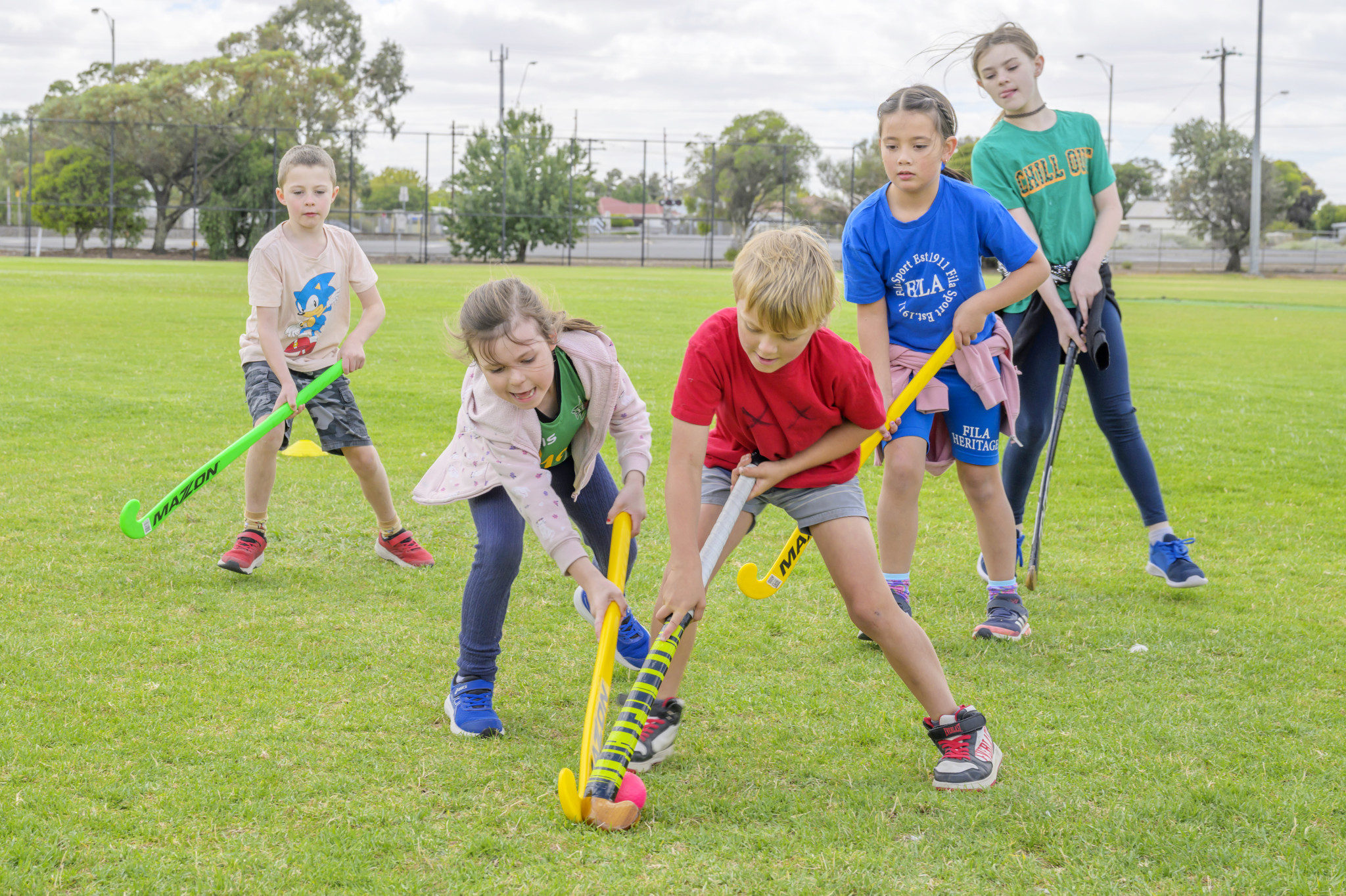 L-R: Ruben Morrell, Isabelle Stephens, Henry Macumber, Katie Gragonje and Hannah Castleman enjoy themselves at the come-and-try day at Dimboola Road Oval on Sunday. PHOTO: ROBIN WEBB